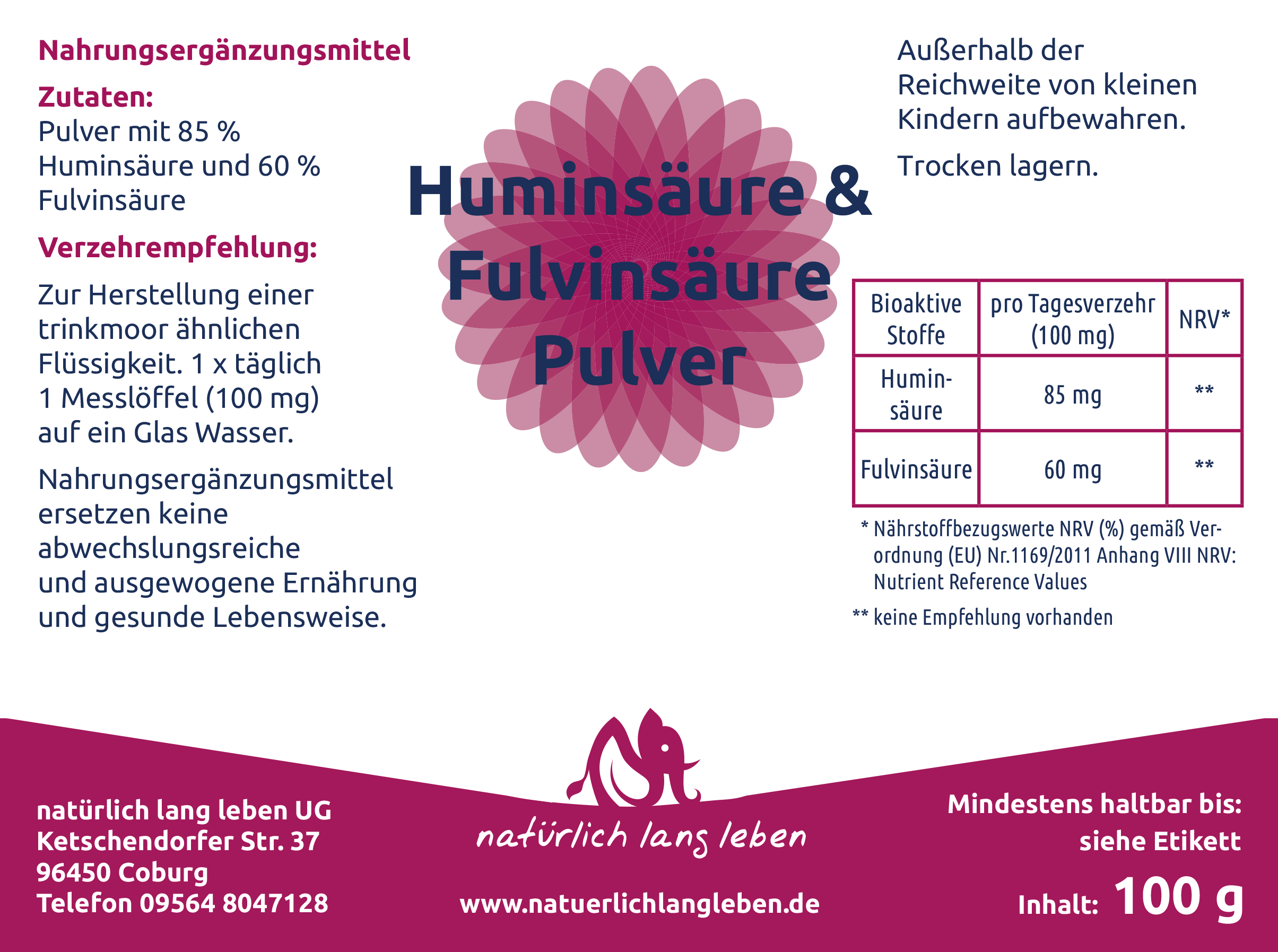 Huminsäure & Fulvinsäure Pulver 100 g natürlich lang leben